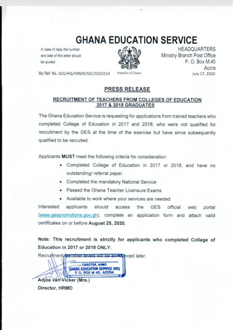 GES statement of teacher trainees