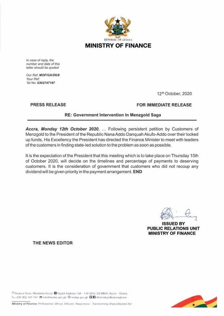 MoF letter on menzgold