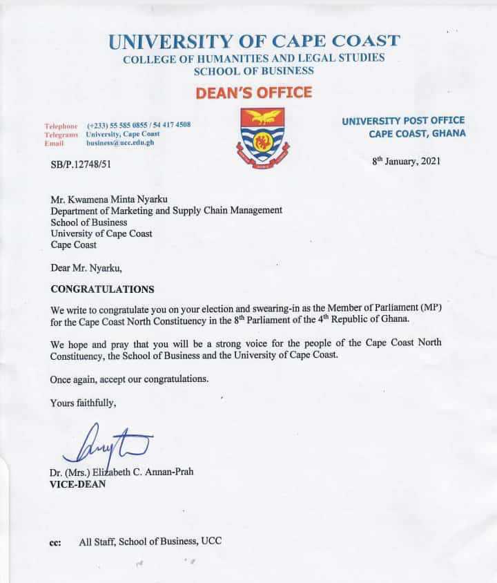 UCC Business School letter on Dr. Nyarku