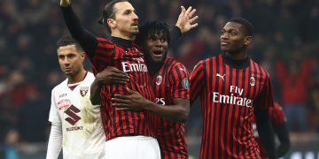 MILAN, ITALY - JANUARY 28:  Zlatan Ibrahimovic (L) of AC Milan celebrates his goal with his team-mates Franck Kessie (C) and Rafael Leao (R) during the Coppa Italia Quarter Final match between AC Milan and Torino at San Siro on January 28, 2020 in Milan, Italy.  (Photo by Marco Luzzani/Getty Images)
