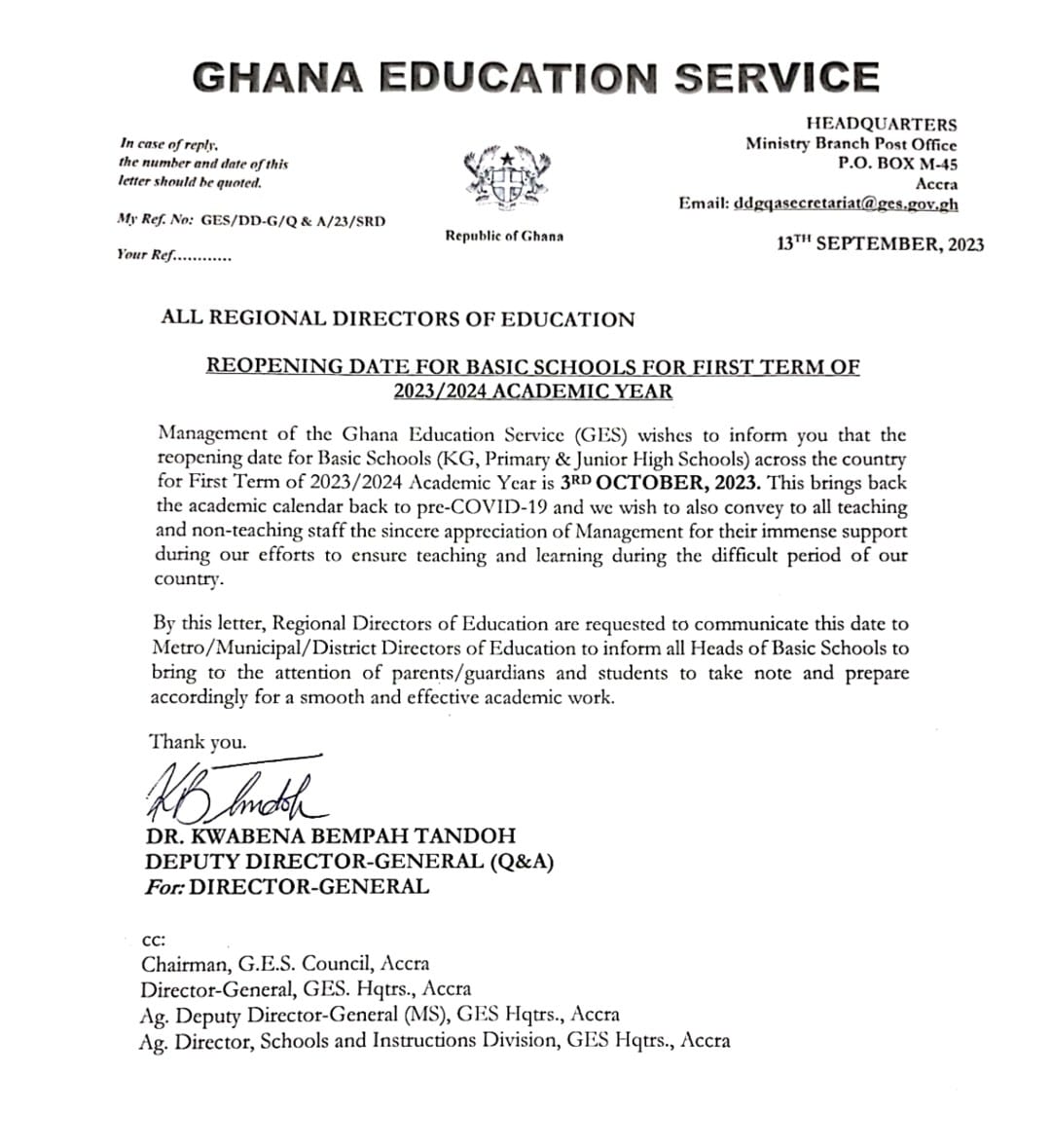 Basic Schools Reopen in October - GES - Awake News