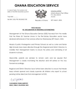 The statement by the GES directing headteachers to keep schools open
