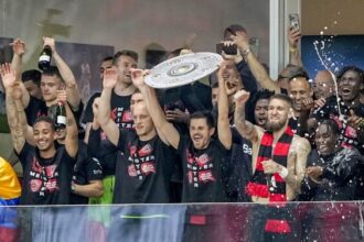 Bayer Leverkusen celebrates their first ever Bundesliga title