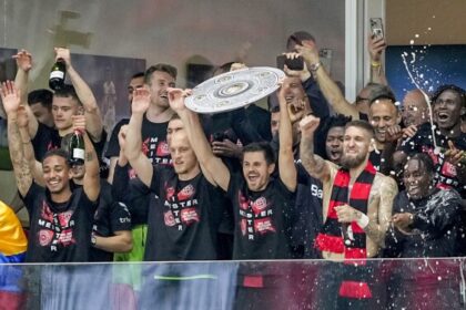 Bayer Leverkusen celebrates their first ever Bundesliga title