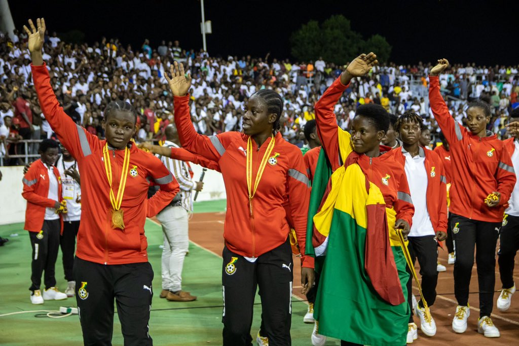 Black Princesses greet supporters at the Cape Coast stadium after beating Nigeria 2-1 to win Gold at the All African Games