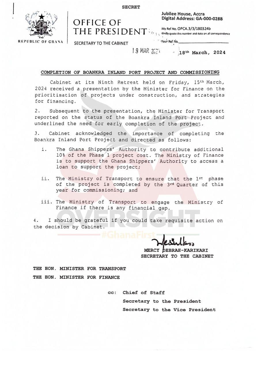 Cabinet letter directing Ghana Shippers Authority to contract a loan to finance 10% of the cost of phase 1 of the Boankra Inland Port