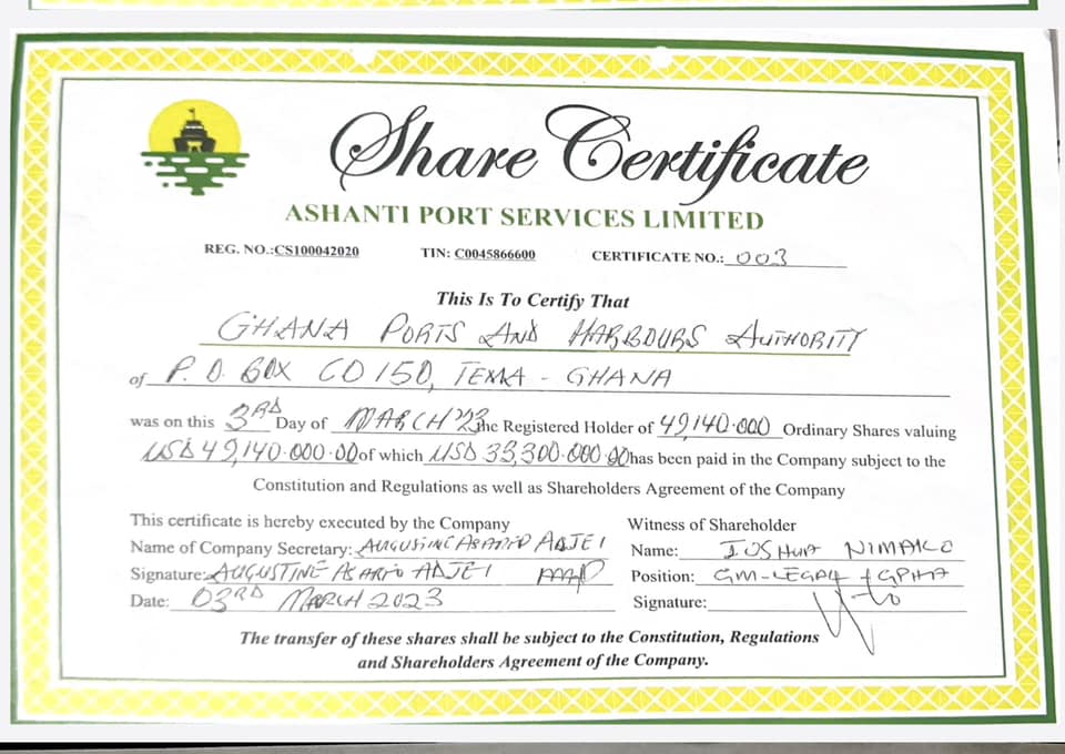 Shares certificate from APSL