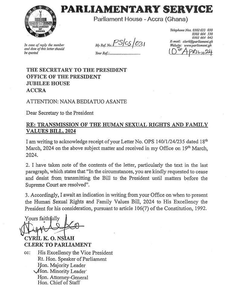 A letter by the Clerk of Parliament to President Akufo-Addo on when to transmit the anti-LGBTQ bill for consideration by the President