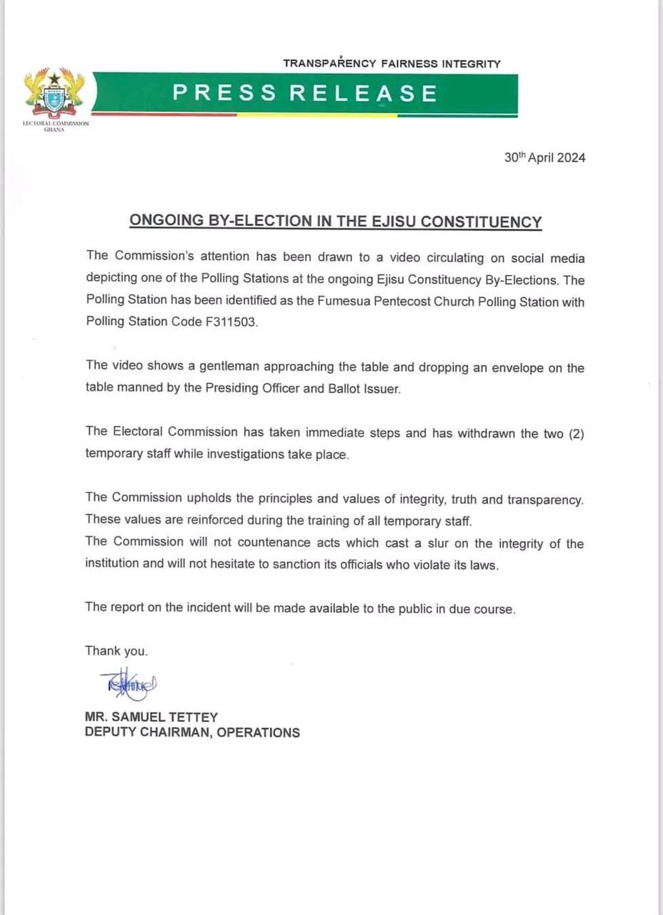 Electoral Commission statement about bribe-taking staff