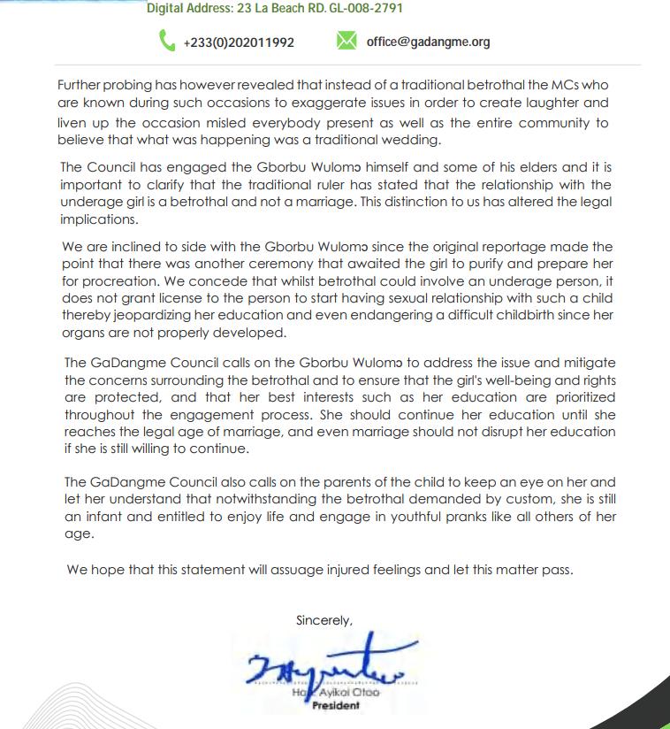 A statement by the GaDangme Council clarifying the alleged marriage between the Nungua Gborbu Wulomo and a 12-year-old girl