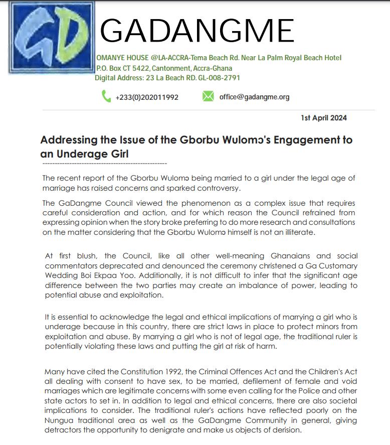 A statement by the GaDangme Council clarifying the alleged marriage between the Nungua Gborbu Wulomo and a 12-year-old girl