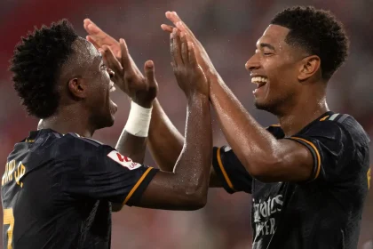 Vinicius Jr (left) greets Jude Bellingham