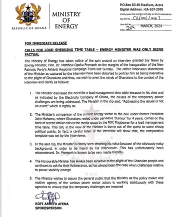 A statement by the Energy Ministry clarifying the minister's comments on dumsor