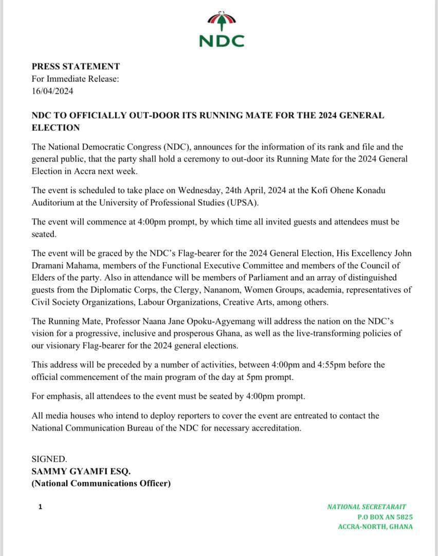 NDC statement about the outdooring of Jane Naana Opoku Agyemang as Running Mate