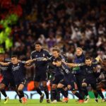 Real Madrid players celebrate their Champions League semi-final win over Manchester United at the Etihad. Madrid won 3-4 on penalties