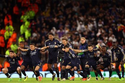 Real Madrid players celebrate their Champions League semi-final win over Manchester United at the Etihad. Madrid won 3-4 on penalties