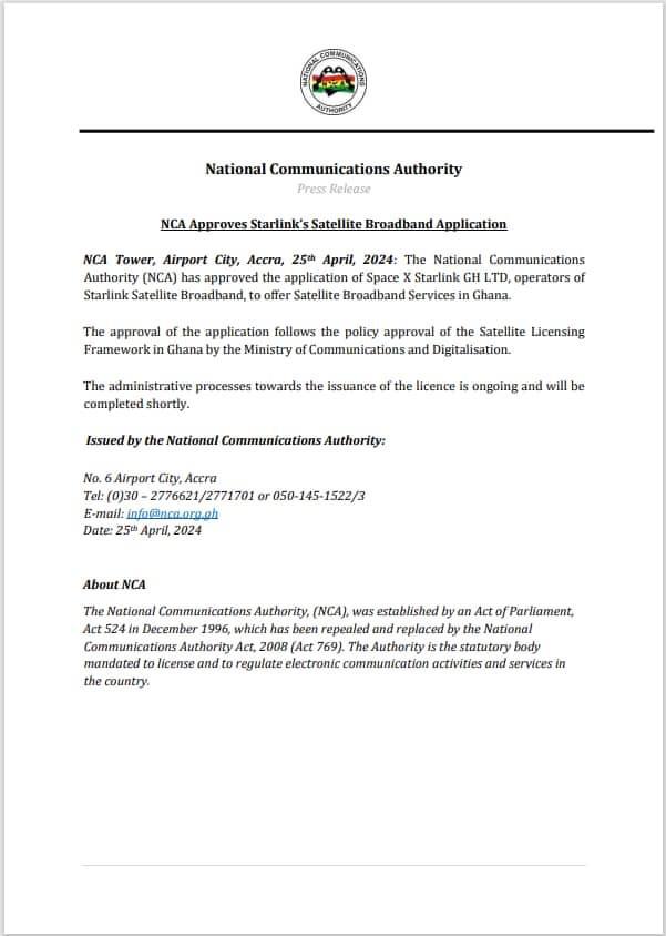 NCA announced the approval of Starlink application to provide satellite internet services in Ghana