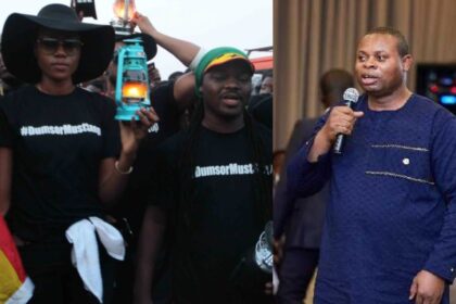 Grid of Yvonne Nelson at the DumsorMustStop demo in 2015 and Franklin Cudjoe of IMANI