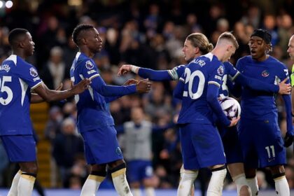 Connor Gallagher and Moise Caicedo intervene as Nicolas Jackson and Noni Mandueke clash over penalty duties during the game between Everton at Stamford Bridge. Cole Palmer eventually took the kick.