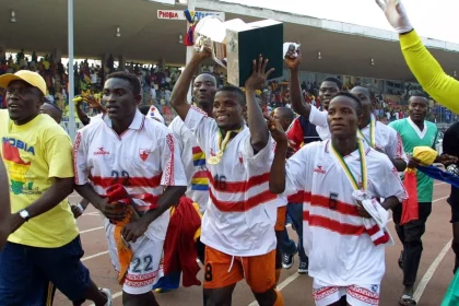 Ishmael Addo celebrates with Accra Hearts of Oak during their treble winning campaign in 2000
