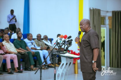 John Mahama addressing a gathering during the 3rd Annual Transformational Dialogue on Small-scale Mining at the University of Energy and Natural Resources (UENR) in Sunyani