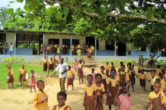 School children walking home from school