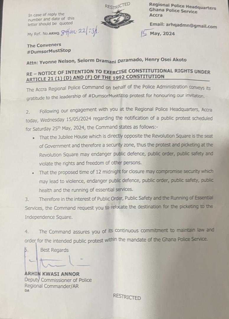 Police letter to Dumsor Must Stop Protest organizers