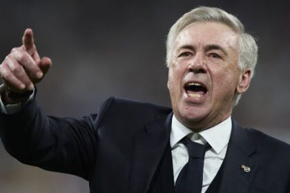 arlo Ancelotti, Manager of Real Madrid celebrates after defeating FC Bayern München during the UEFA Champions League semi-final second leg match between Real Madrid and FC Bayern München at Estadio Santiago Bernabeu on May 08, 2024 in Madrid, Spain Real Madrid coach Carlo Ancelotti celebrates after Real Madrid beat Bayern Munich in the UEFA Champions League semi-final second leg at Santiago Bernabeu on May 8, 2024