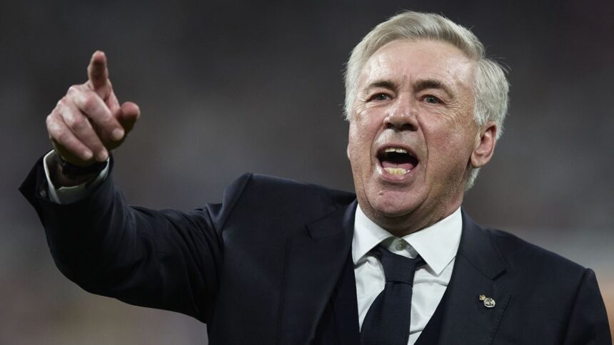 arlo Ancelotti, Manager of Real Madrid celebrates after defeating FC Bayern München during the UEFA Champions League semi-final second leg match between Real Madrid and FC Bayern München at Estadio Santiago Bernabeu on May 08, 2024 in Madrid, Spain Real Madrid coach Carlo Ancelotti celebrates after Real Madrid beat Bayern Munich in the UEFA Champions League semi-final second leg at Santiago Bernabeu on May 8, 2024