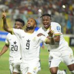 Jordan Ayew celebrates a goal with Mohammed Kudus and Fatawu Issahaku