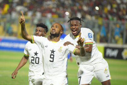 Jordan Ayew celebrates a goal with Mohammed Kudus and Fatawu Issahaku