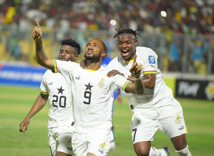 Jordan Ayew celebrates a goal with Mohammed Kudus and Fatawu Issahaku