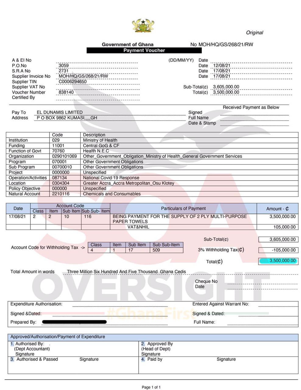 payment voucher to Rev. Kusi Boateng